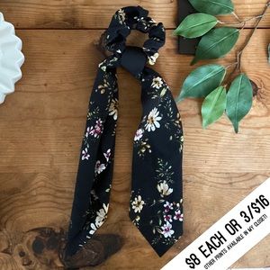 Black Floral Print Hair Scrunchie Scarf